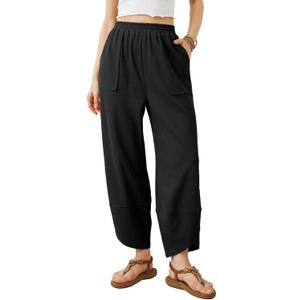 Xiaoxuemeng Womens Baggy Wide Leg Pants Casual Elastic Waisted Palazzo Harem Pants with Pockets (Large, Black)