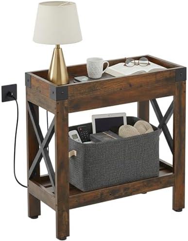 ZEXVIDA Narrow Side Table, Slim End Table with Charging Station for Small Spaces, with 2 USB and 2 Power Outlets, 21.7" L x 10" W x 21.7" H
