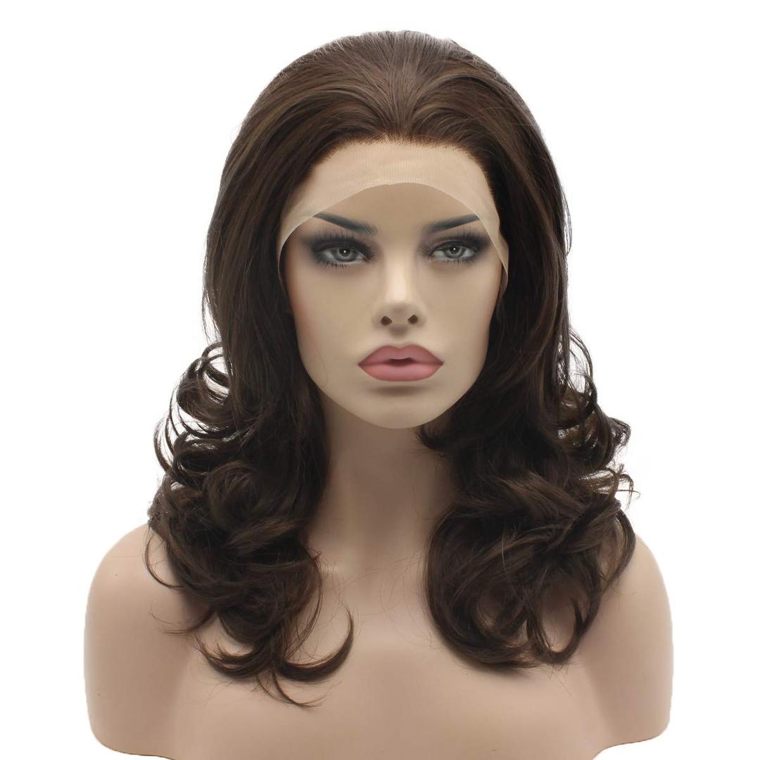 Lushy Medium Length 16inch Ash Brown Mix Wig Heat Friendly Heavy Density Synthetic Lace Front Wig