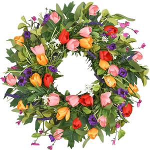 Qingbei Rina Spring Wreaths for Front Door, 2224 Inch Easter Door Wreath for Decorating with Colorful Tulip, Lavender and Eucalyptus, Indoor Outdoor Floral Wreath Party Farmhouse Wedding Home Decor