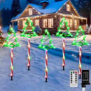 5 Pack Plug in Christmas Pathway Lights Outdoor Decorations with Timer, 8 Modes Green Lighted Xmas Tree Candy Waterproof Led Garden Stake Lights for Walkway Yard Lawn Porch Holiday Decor