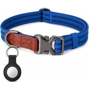 Dog Collar for Medium Large Dogs, Adjustable 14-20 Inch Pet Collar, Wear-Resistant Heavy Duty Polyester Strap with Zinc Alloy Buckle,Airtag Holder, Royal BlueM