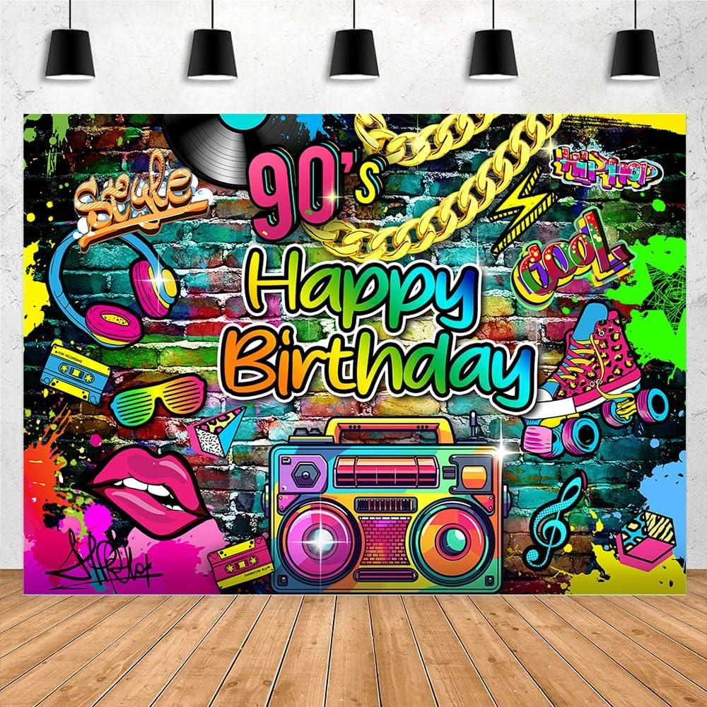 90s Hip Pop Happy Birthday Backdrop Graffiti 80'S 90'S Graffiti Party Retro Urban Legit Backdrop Neon Party Glow Dance Disco 2000s Birthday Boombox Banner (7x5ft)