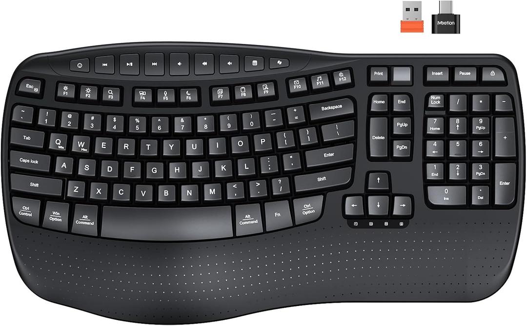 MEETION Wireless Ergonomic Keyboard, Wave Keys Wrist Rest for Natural Typing, 2.4G USB-A Cordless Receiver and USB-C Adapter, Ergo Computer Keyboard Compatible with Windows/Mac/PC/Laptop, Black