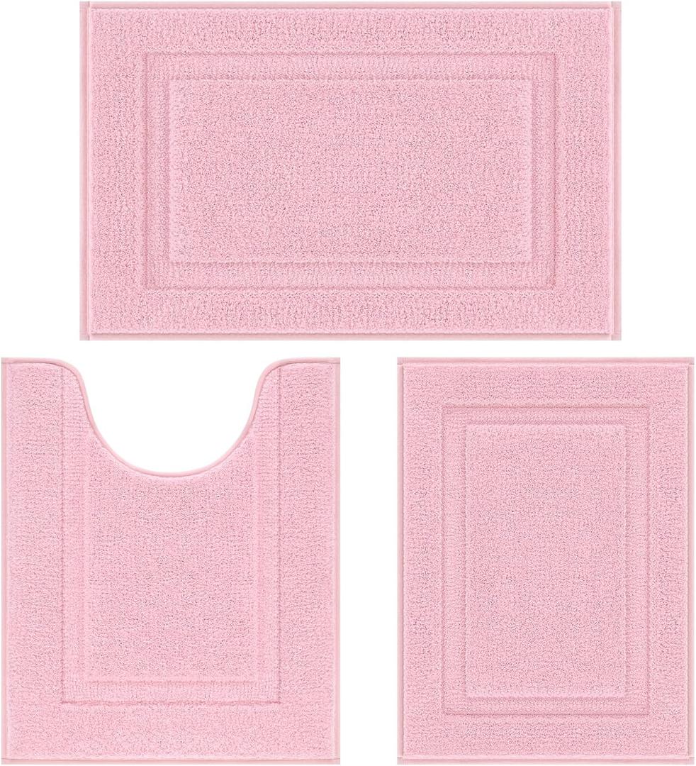 SHACOS Pink Bathroom Rugs Sets 3 Piece, 16"x24" + 20"x32" Non Slip Bath Mat and 20"x24" Toilet Rugs U Shaped Washable, Soft Fluffy Water Absorbent Bath Rugs for Bathroom