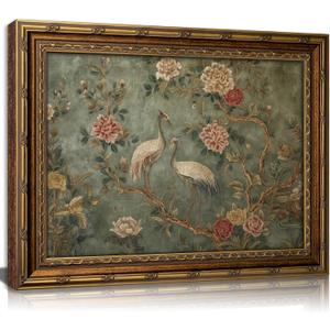Vintage Gold Framed Heron Canvas Wall Art Nursery Animals Painting Picture Wall Decor Floral Botanical Poster Print Artwork for Living Room Bedroom Study Bathroom Home Decoration