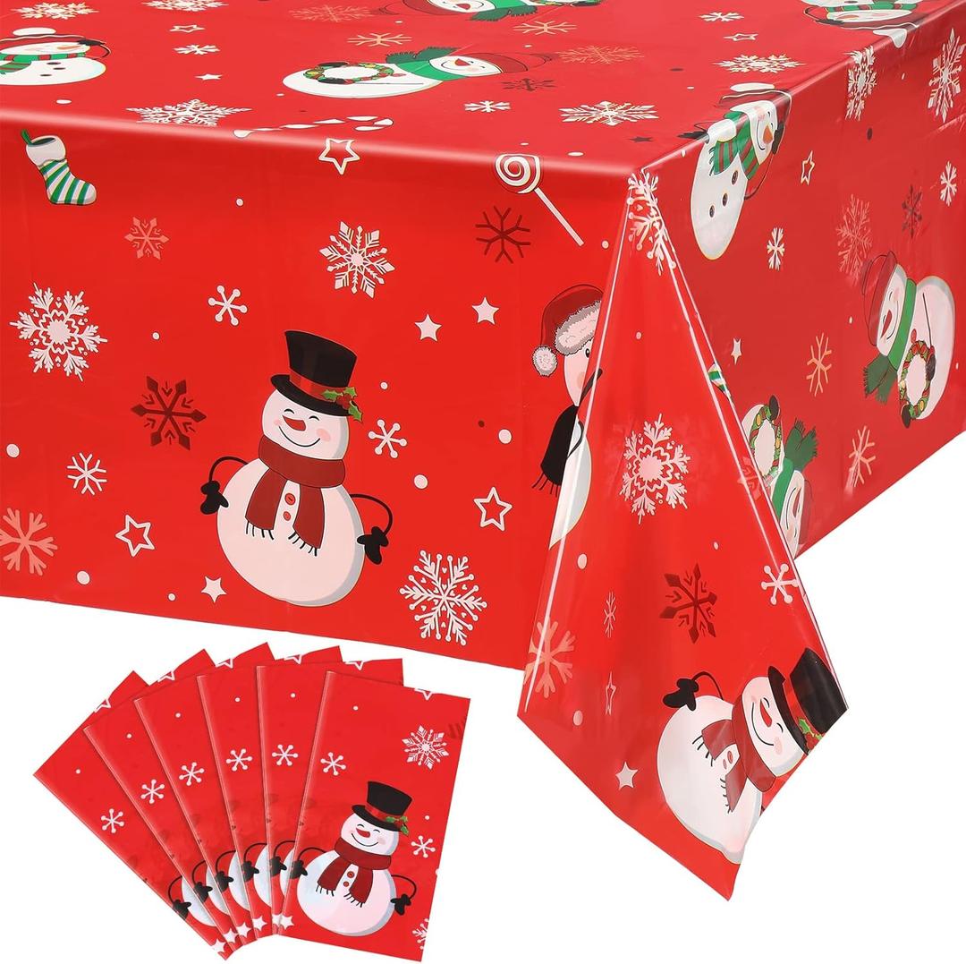 Irenare 6 Pieces Christmas Snowman Tablecloth Winter Snowman Table Cover Plastic Disposable Snowflake Holiday Party Table Cloth for Xmas New Year Party Decorations Supplies, 54 x 108 Inch (Red)