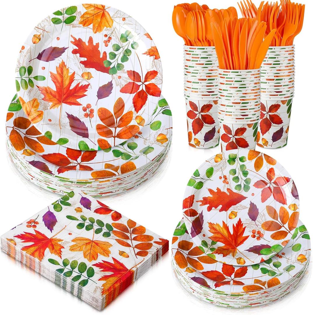 Yungyan 252 Pcs Thanksgiving Paper Plates and Napkins Set Disposable Fall Autumn Maple Leaf Party Plates Cups Paper Napkins Knives Spoons Forks for Thanksgiving Fall Harvest Party Supply Serves 36