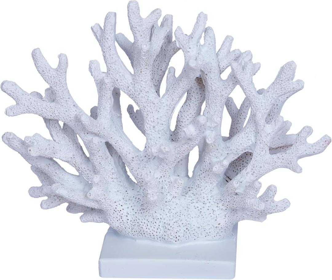 7.5"H White Coral Artificial Statue - Fake Coral Resin Sculpture - Ocean Nautical Decor for Beach Themed Home Living Room Bathroom Shelf Table
