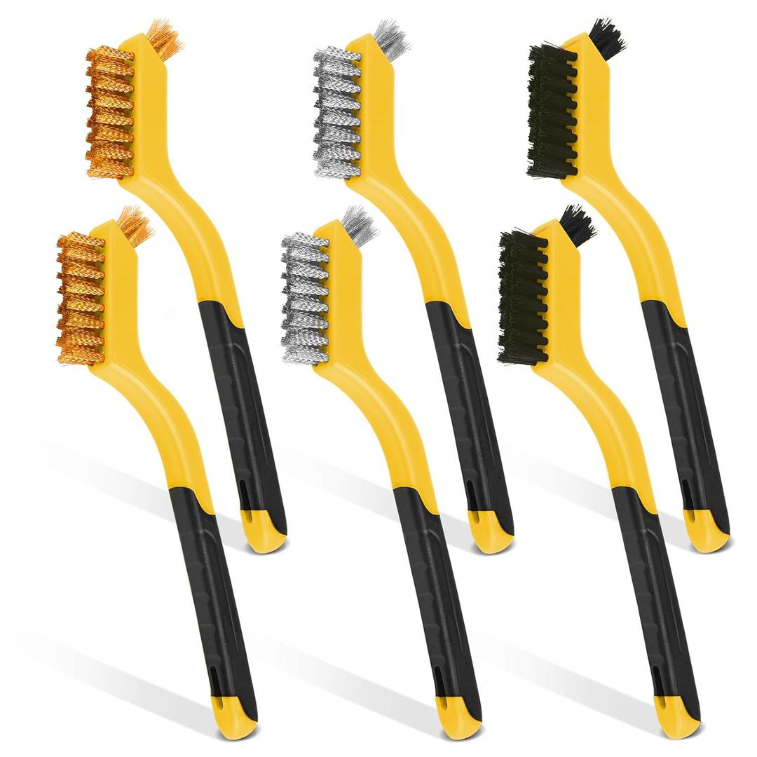 Wire Brush Set, 6 Pcs Brass/Stainless Steel/Nylon Wire Brushes for Cleaning with Curved Handle Grip for Rust Removal, Dirt, Paint Scrubbing(Yellow)