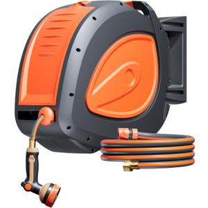 Automatic Retractable Garden Hose Reel 1/2 inch x 100ft, Wall Mounted 180 Swivel with Easy-Clean Chamber, Slow Return System, Any-Length Lock & 8-Pattern Heavy Duty Nozzle for Watering, Cleaning