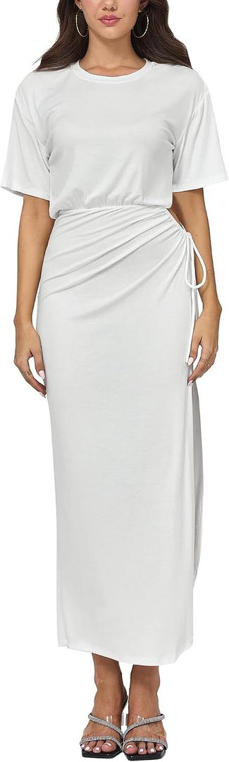 Yulaviniee Women's Summer Maxi Tshirt Dress Short Sleeve Crewneck Tie Waist Casual Slim Fit Slit Long Dresses