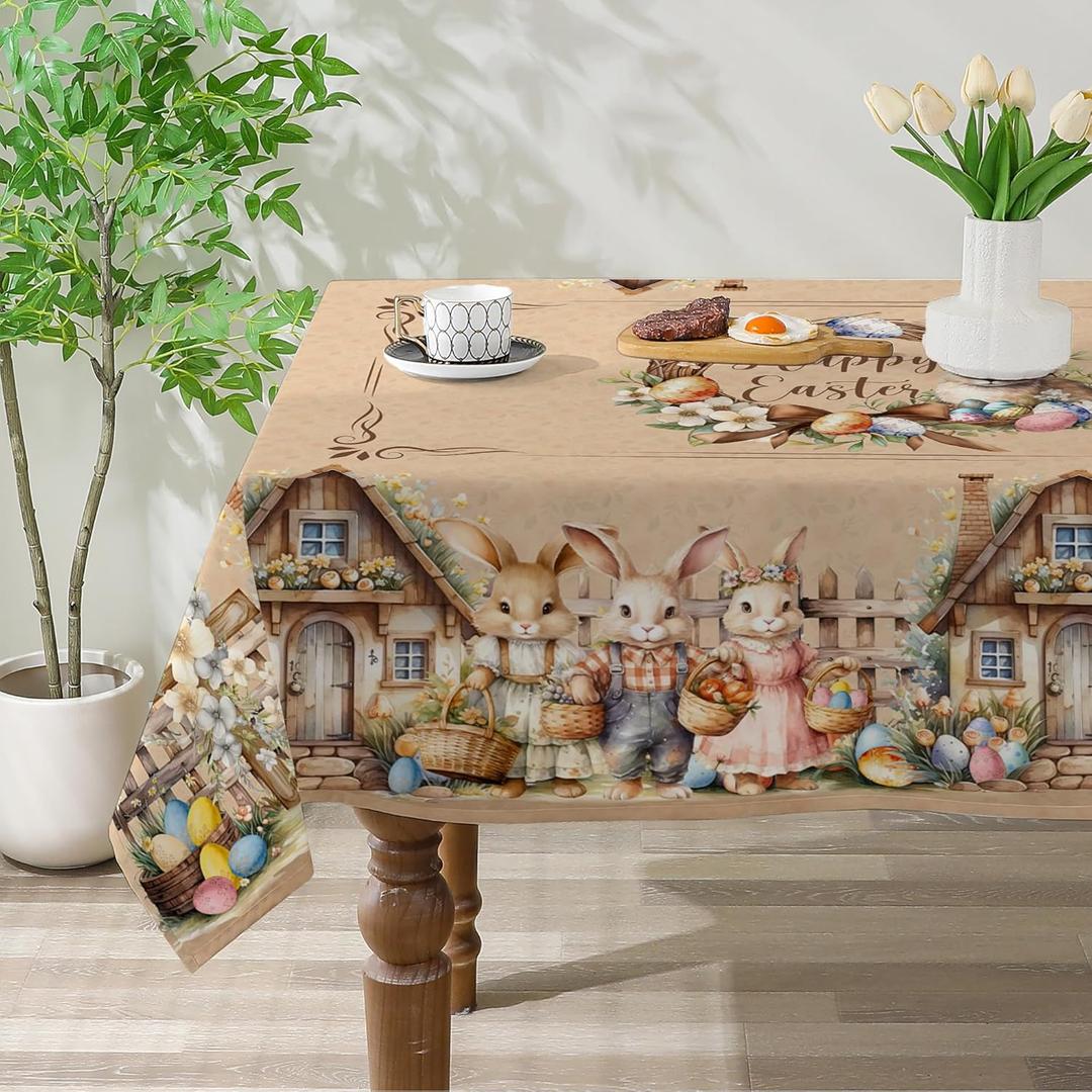 Easter Tablecloth Rectangle 60x84 Inch - Farmhouse Easter Decorations for The Home - Rustic Bunny and Eggs Table Cloth Rectangle for Party, Outdoor