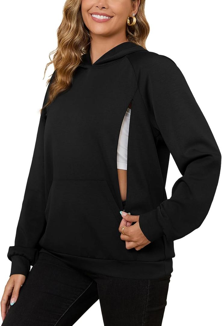 Bhome Nursing Sweatshirt Hoodie for Breastfeeding with Hidden Zippers Maternity Breast Pumping Tops Kangaroo Pocket (X-Large, Black)