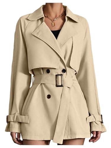 GORGLITTER Women's Double Breasted Trench Coat Causal Long Lapel Tredny Overcoat with Belt 2025 Khaki Large