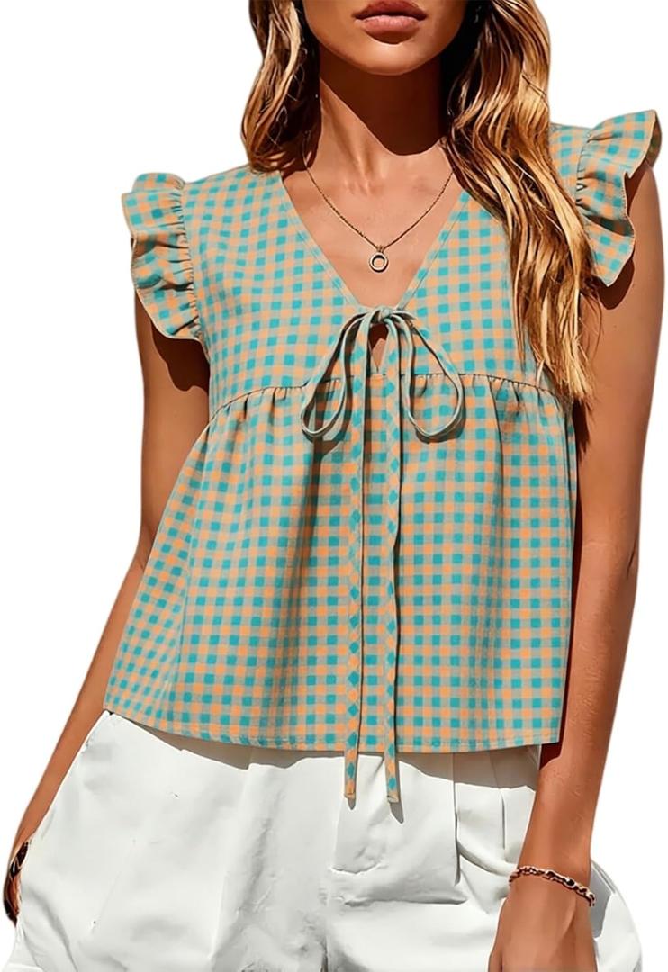 Women's Peplum Tops Summer Gingham Shirt V Neck Ruffle Cap Sleeve Tie Front Top Plaid Babydoll Tank Top Beach Outfits (L)
