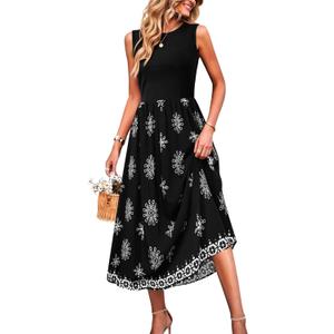 MCKOL Women Sleeveless Crewneck Ruched High Waisted Tank Long Sundress Wedding Guest Cocktail Boho Maxi Dress with Pockets (Medium, Black White Flower)