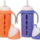Tabor Place Set of 2 - Glass Sippy Cup for Toddlers - The Luca | Spill-Proof | Silicone Straw | Orange & Indigo Purple | 8 oz | Liquids Never Touch Plastic | Removable Handles (purple)