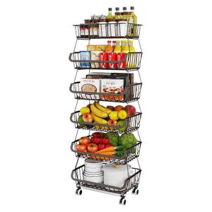 Fruit Vegetable Storage Basket for Kitchen - 6 Tier Stackable Metal Wire Baskets Cart with Rolling Wheels Utility Fruits Rack Produce Snack Organizer Bins for Pantry Bathroom Laundry Bronze