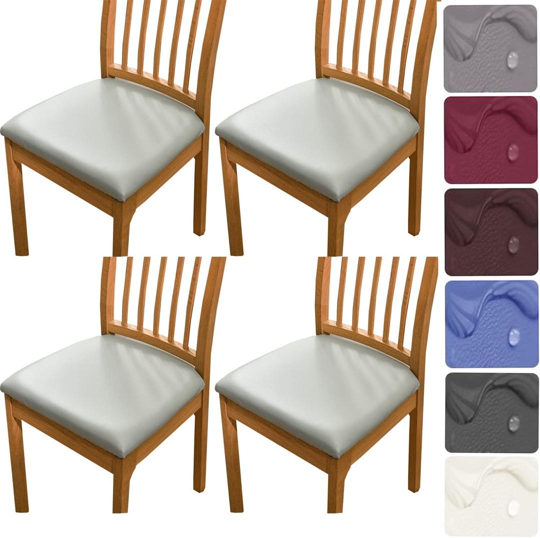 HFCNMY Seat Covers for Dining Chairs, Stretch Waterproof PU Dining Chair Seat Covers Set of 4, Washable Kitchen Chair Seat Covers Light Gray