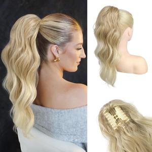 HOOJIH Clip in Ponytail Extension, Ponytail Extension 18 Inch Hair Ponytail Extension Wavy Ponytail Clip on Ponytail Synthetic Ponytail Hair Pieces for Women - Ombre Deep Blonde and Light Blonde