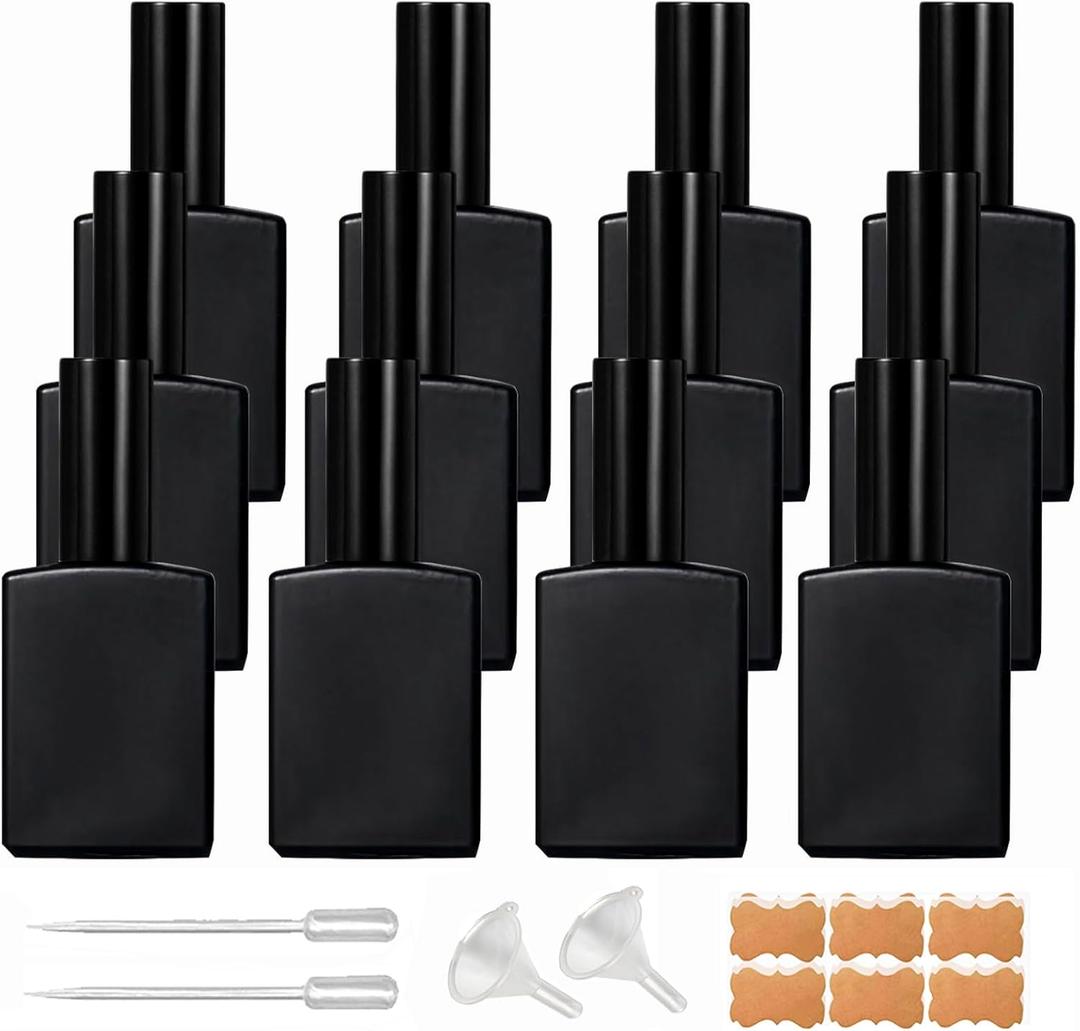 12 Pack 1 oz Black Square Glass Perfume Spray Bottle, 30ml /1 oz Fine Mist Atomizer Spray Bottles Refillable, for Perfume, Essential Oil and Liqui (Black)