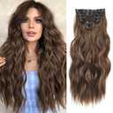 NAYOO Clip in Hair Extensions for Women 20 Inch Long Wavy Curly Medium Brown Hairpieces Full Head Synthetic Hair Hairpieces (6PCS,Medium Brown)