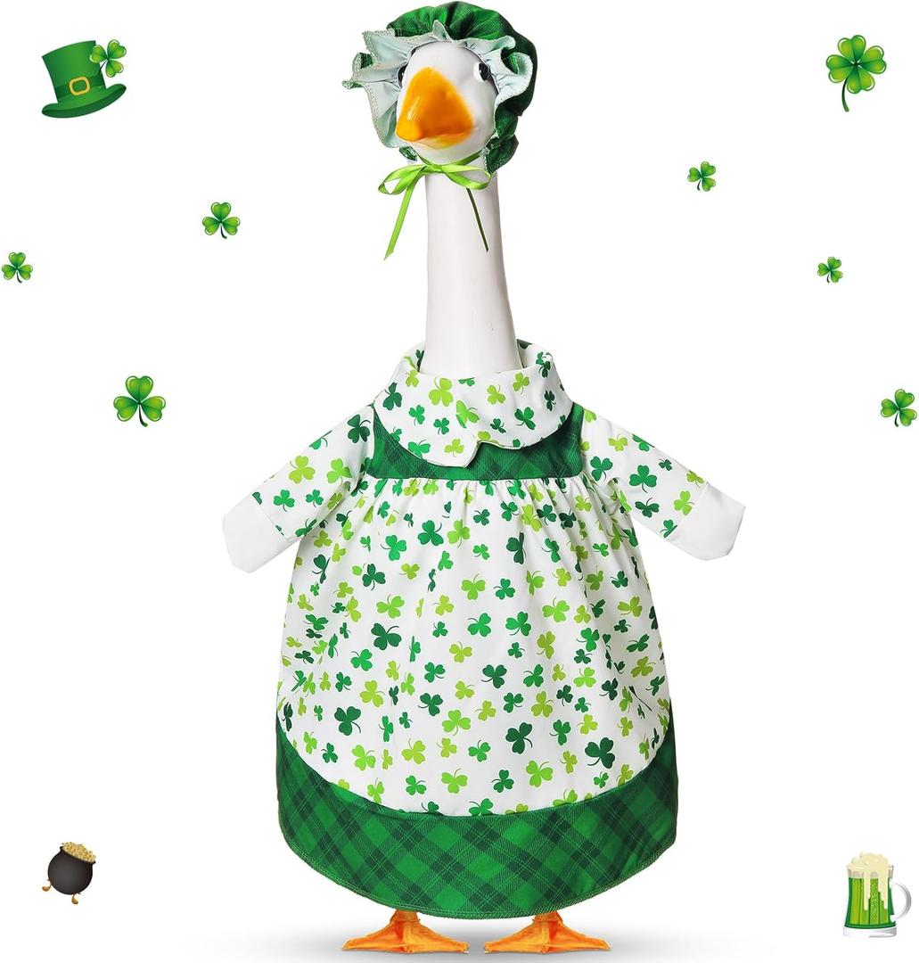 FuWeave St Patrick's Day Shamrock Goose Outfit Lawn Porch Goose Clothes for 17" St Patrick's Day Shamrock Outdoor Patio Yard Lawn Art Decoration (Green)