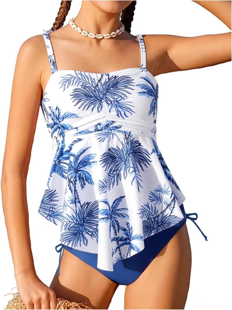 GRACE KARIN Girls Tankini Swimsuit Swimwear Teen Cute Ruffle Bathing Suit Kids 2 Piece Shirred Bikini Set with Padded 8 Years Old (Dark Blue-coconut Tree)