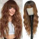 Ombre Brown Wig with Bangs for Women Long Ombre Brown Wavy Wigs 26 Inch Brown Wigs Natural Looking Heat Resistant Synthetic Wig for Daily Party Use