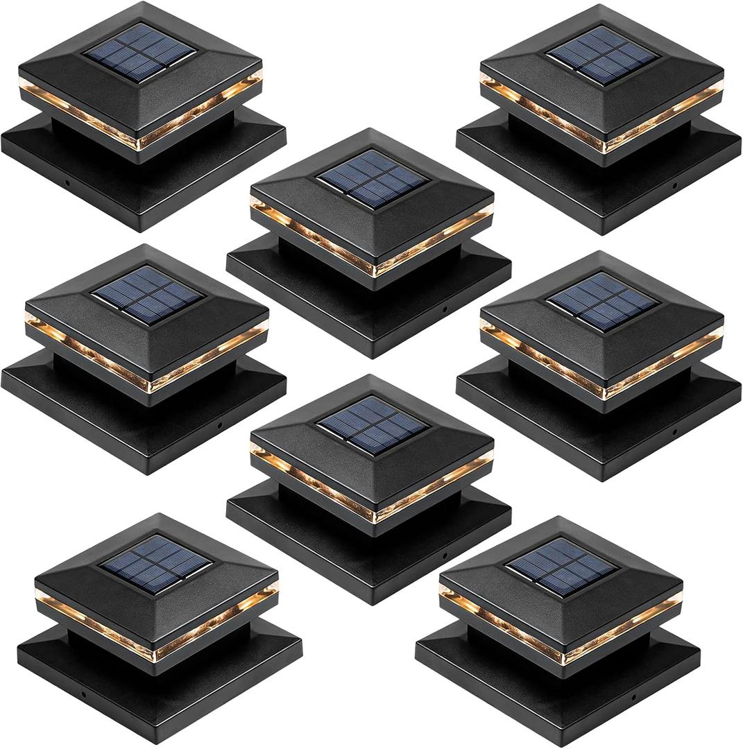 Viewsun 8 Pack Solar Post Lights, Outdoor Fence Post Cap Light Solar Powered Caps for Deck, Patio, Garden Decor, Warm White High Brightness SMD LED Lighting, Lamp Fits for 4x4 or 6x6 Wooden Posts (Black)