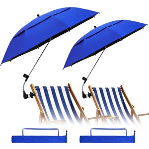 2 Pack 42 Inch Double Canopy Beach Chair Umbrella with Clamp, UPF50+ Clip on Beach Umbrella with 360 Swiwel Arm & Adjustable Clip, Portable Sun Shade for Wheelchair, Stroller, Camping (Dark Blue)