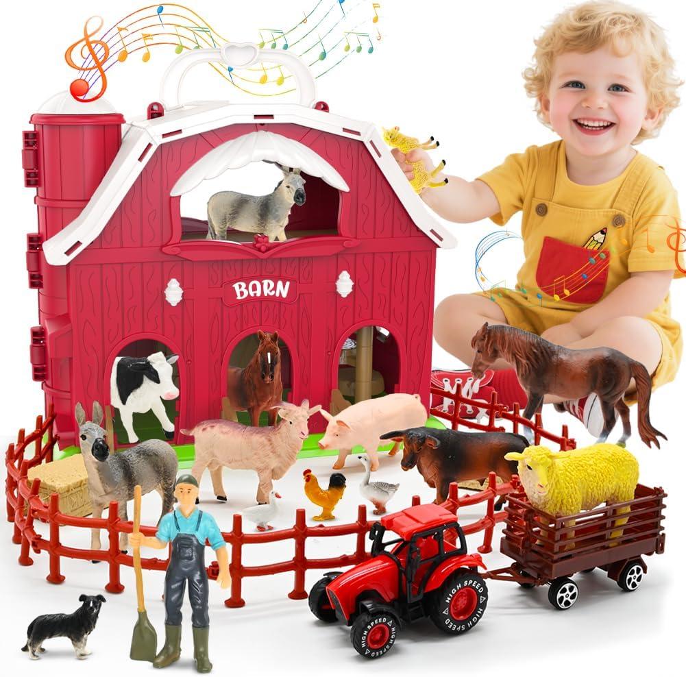 Red Barn Toys for Toddlers 1-3, Farm Animal Figures Playset with Tractor for 2 3 4 5 Year Old Kids, Musical Preschool Montessori STEM Learning Toys, Easter Christmas Birthday Gifts for Boys Girls