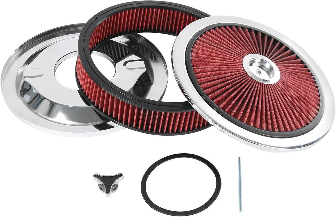 High Flow 14"x3" Round Air Cleaner filter Kit Compatible with GMC Chevy Ford Chrysler Dodge V8 with Flow-Thru Lid Caburetor 5-1/8" Carb Neck Red Chrome