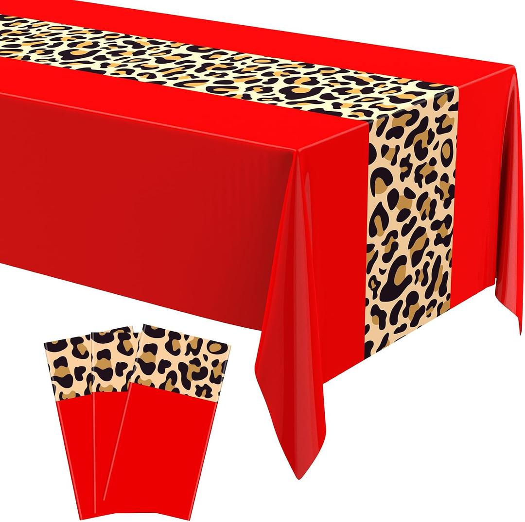 3 x Leopard Print Tablecloth 54 x 108'' Leopard Plastic Table Cover Disposable Safari Animal Cheetah Print Party Decorations for Baby Shower Wedding Birthday Party Favors(Red,3 Pcs)