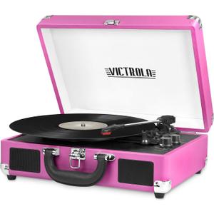 Victrola Journey Bluetooth Portable Suitcase Record Player  with Built-in Speakers, 3 Speed Vinyl Record Player, RCA Out, Headphone Jack (Pink)