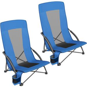 SONGMICS Set of 2 Portable Beach Chairs for Adults, Max. Load 330 lb Each, High Backrest, Cup Holder, Lightweight, Heavy-Duty, Blue UGCB067Q02V1, 21.7"D x 26"W x 30.7"H