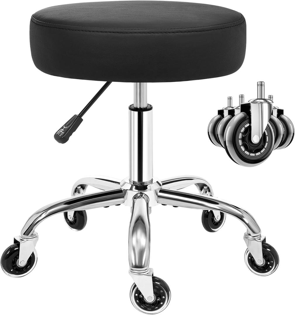 ANWBROAD Round Rolling Stool with Wheels Height Adjustment 360 Swivel Stool Heavy Duty Wide Chair PU Leather Soft Seat Cushion for Massage, Salon, Bar, Home, Office, Tatoo, Medical, Black UWSC001B