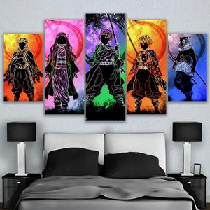 Set 5 Canvas Print Demon Slayer Characters Colorful Abstract Art for Living Room Bedroom Office Ready to Hang Fabric Home Artistic Anime Different sizes (with Frame) (39x22 inch) (39L" x 22W")