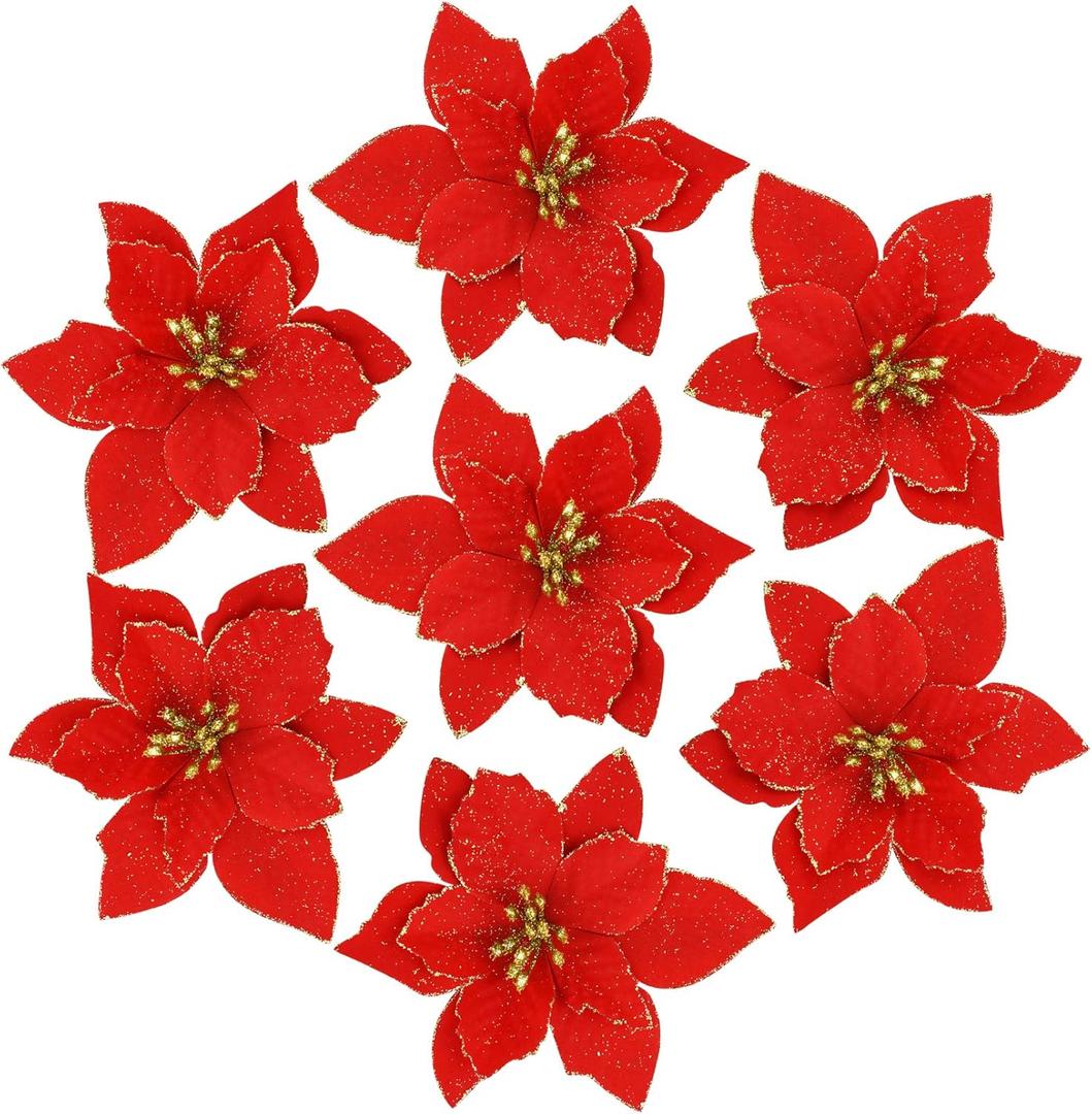 Nydotd 36pcs Glitter Poinsettia Christmas Tree Ornament, Artificial Poinsettia Flowers Decorative Artificial Flowers for Christmas Tree Wedding Decorations Xmas Tree Wreaths (Red)