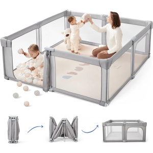 Sweeby Baby Playpen, 59x59 Inch Gate Foldable for Babies and Toddlers, Extra Large With Door Play Yard for Fence Indoor and Outdoor, Gray