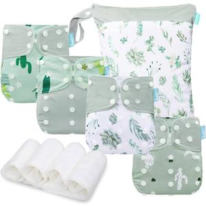 Baby Cloth Diapers Set - 4 Pack with 4 Inserts & 1 Wet Dry Separation Bag, Reusable Infant Toddler Nappy, Adjustable Pocket Diapers for Baby Boys and Girls (6-33 pounds, 0-3 Years) 