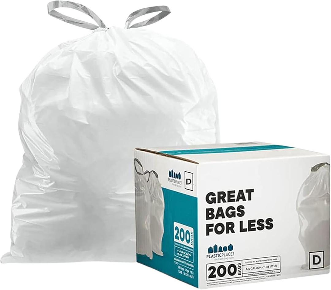 Plasticplace Trash Bags, Compatible with simplehuman Code D (200 Count) White Drawstring Garbage Liners 5.3 Gallon / 20 Liter, 15.75" x 28"