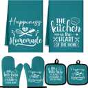Sratte 6 Pcs Kitchen Decor Accessories Set Farmhouse Towels Pot Holders Oven Mitts Set 2 Dish Towels 2 Potholders 2 Cooking Mittens Oven Glove for Christmas Baking Cooking Supply(Teal,Kitchen)