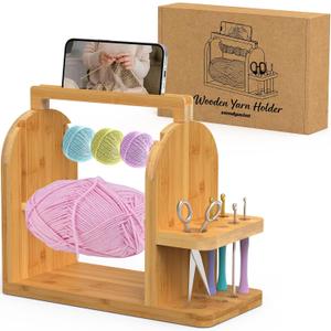 sandpaint Yarn Holder for Crocheting, Durable Bamboo Wood Yarn Storage Organizer with Built-in Phone Stand, Tangle-Free Dual Rods & Tool Holder, Ideal Crochet Accessories for Skein, Cake, Ball Yarn