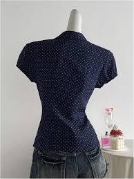 SOLY HUX Women's Polka Dots Button Down Shirt Short Sleeve Collar Fitted Blouse Y2k Cute Going Out Tops Dark Blue Large