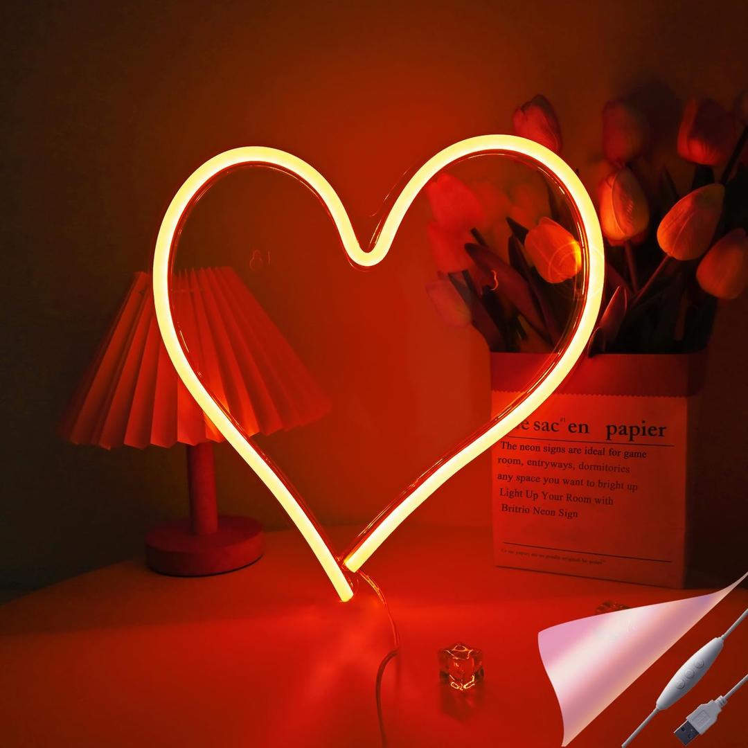 Britrio LED Neon Light Sign, Red Heart Shape Wall Hanging Neon Sign Bedroom Wall Art for Bar Kids Room Valentines Day Birthday Gift Party,Home Decor Neon Night Light USB Powered Dimmer Switch 13.4