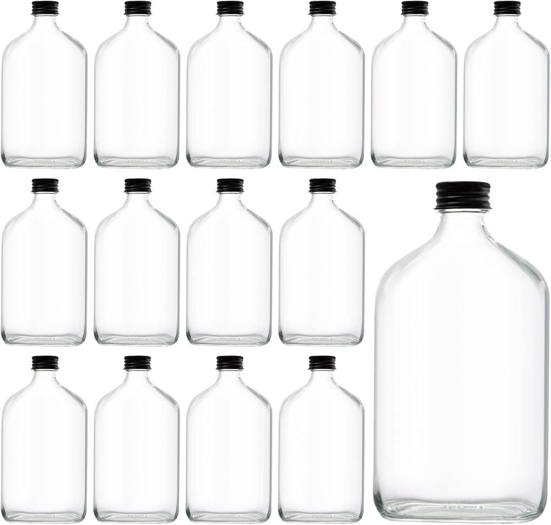 Tebery 15 Pack Glass Flask Liquor Bottle with Black Caps, 12OZ Drink Bottles for Beer Milk Beverage Perfume Oil Sauce Whiskey Soda Liquid