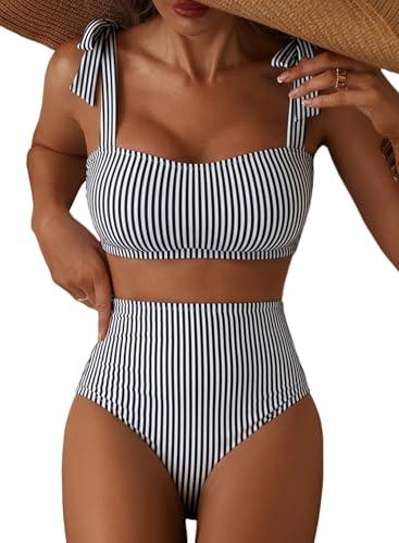 Herseas Women's Black Striped 2 Piece Bikini Sets Adjustable Tie Shoulder Push Up Swim Suits 2026 Summer High Waisted Ladies Bathing Suit Casual Resort Outfits Medium