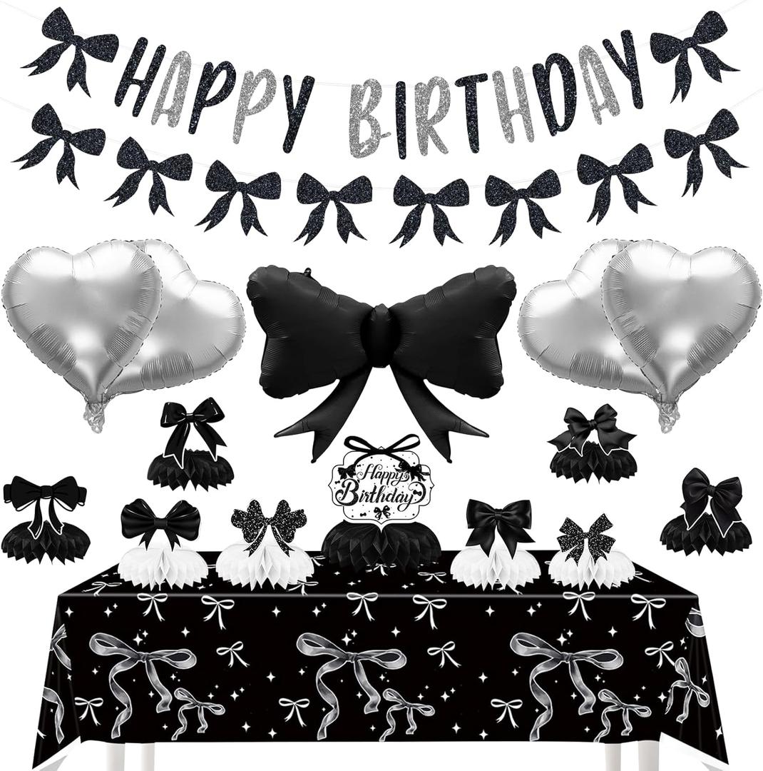Black Bow Happy Birthday Decorations - Women Girls Bow Theme Party Decorations with Honeycomb Centerpieces, Banner, Foil Balloons, Tablecloth, Elegant Black Girly Birthday Party Decor for Girls Women